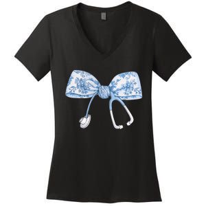 Toile Nurse Bow Blue Coquette Nurse Stethoscope Bow Women's V-Neck T-Shirt