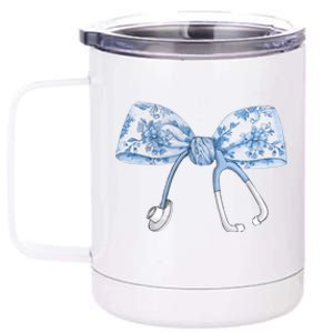 Toile Nurse Bow Blue Coquette Nurse Stethoscope Bow 12 oz Stainless Steel Tumbler Cup