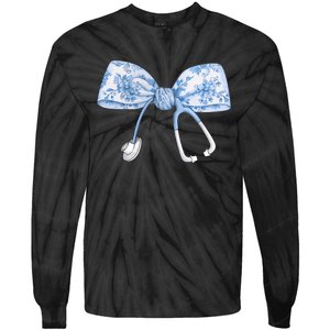 Toile Nurse Bow Blue Coquette Nurse Stethoscope Bow Tie-Dye Long Sleeve Shirt