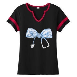 Toile Nurse Bow Blue Coquette Nurse Stethoscope Bow Ladies Halftime Notch Neck Tee