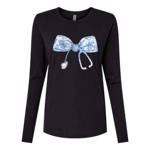 Toile Nurse Bow Blue Coquette Nurse Stethoscope Bow Womens Cotton Relaxed Long Sleeve T-Shirt