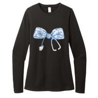 Toile Nurse Bow Blue Coquette Nurse Stethoscope Bow Womens CVC Long Sleeve Shirt