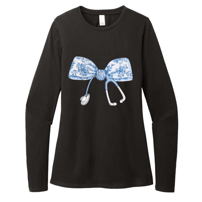 Toile Nurse Bow Blue Coquette Nurse Stethoscope Bow Womens CVC Long Sleeve Shirt