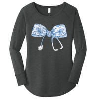 Toile Nurse Bow Blue Coquette Nurse Stethoscope Bow Women's Perfect Tri Tunic Long Sleeve Shirt