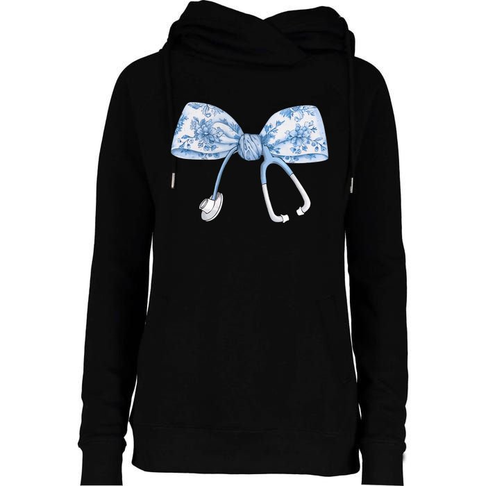 Toile Nurse Bow Blue Coquette Nurse Stethoscope Bow Womens Funnel Neck Pullover Hood