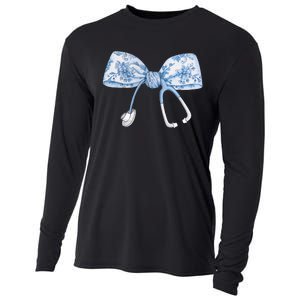 Toile Nurse Bow Blue Coquette Nurse Stethoscope Bow Cooling Performance Long Sleeve Crew