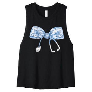 Toile Nurse Bow Blue Coquette Nurse Stethoscope Bow Women's Racerback Cropped Tank