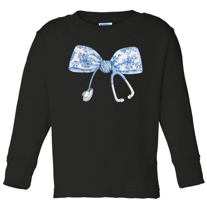 Toile Nurse Bow Blue Coquette Nurse Stethoscope Bow Toddler Long Sleeve Shirt