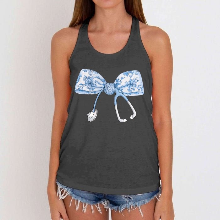 Toile Nurse Bow Blue Coquette Nurse Stethoscope Bow Women's Knotted Racerback Tank