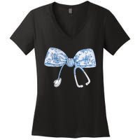 Toile Nurse Bow Blue Coquette Nurse Stethoscope Bow Women's V-Neck T-Shirt