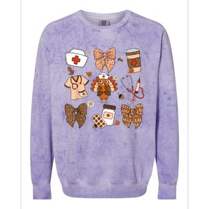 Thanksgiving Nurse Coquette Bow Ed Er Rn Fall Nursing Colorblast Crewneck Sweatshirt