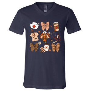 Thanksgiving Nurse Coquette Bow Ed Er Rn Fall Nursing V-Neck T-Shirt