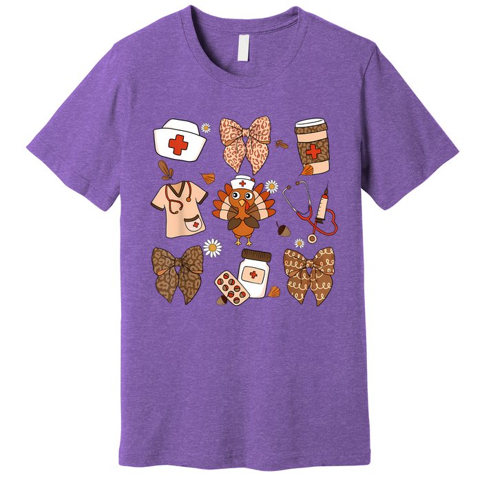 Thanksgiving Nurse Coquette Bow Ed Er Rn Fall Nursing Premium T-Shirt