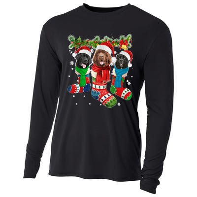 Three Newfoundland Dogs In Christmas Socks Cooling Performance Long Sleeve Crew