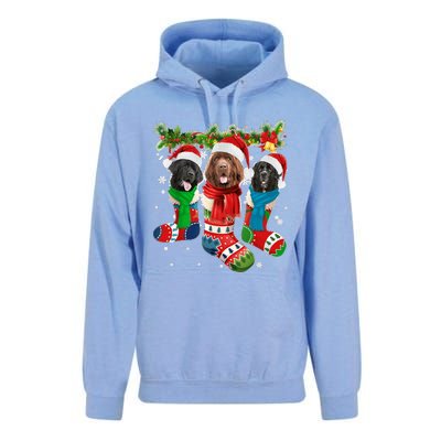 Three Newfoundland Dogs In Christmas Socks Unisex Surf Hoodie