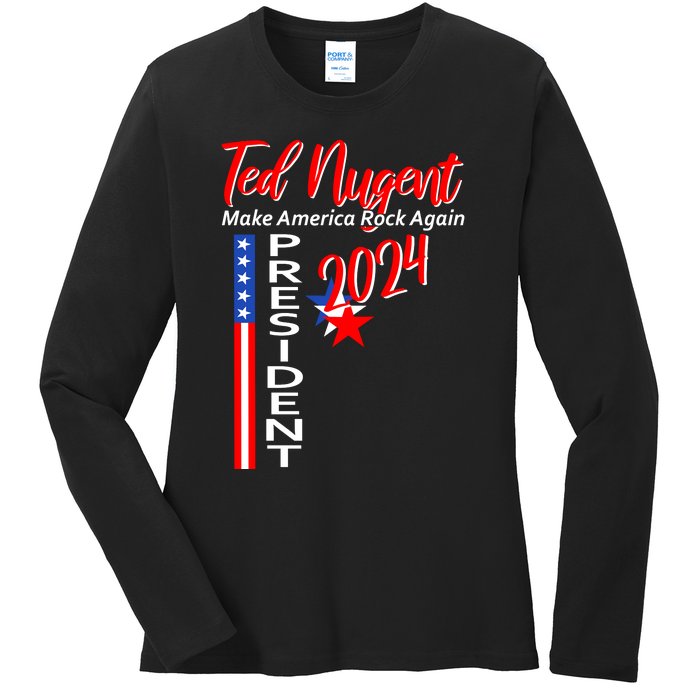 Ted Nugent For President 2024 Front & Back Motor City Madman Ladies Long Sleeve Shirt