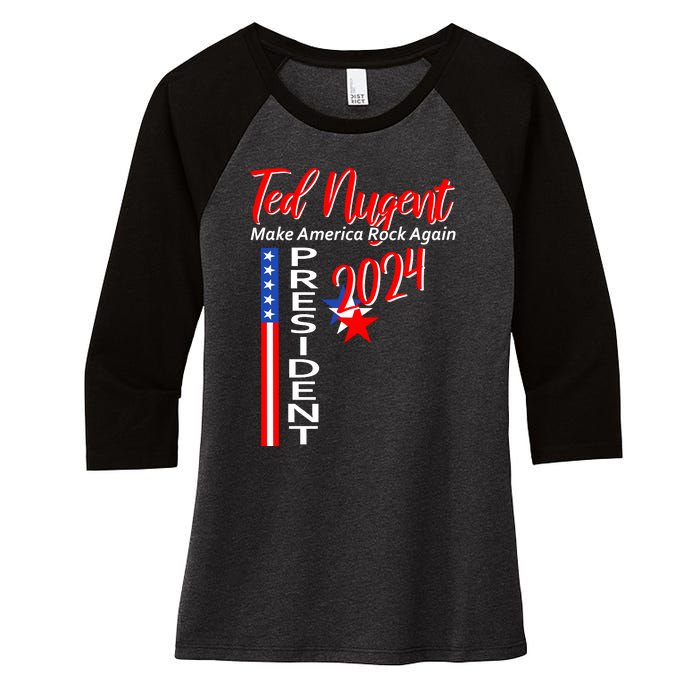 Ted Nugent For President 2024 Front & Back Motor City Madman Women's Tri-Blend 3/4-Sleeve Raglan Shirt