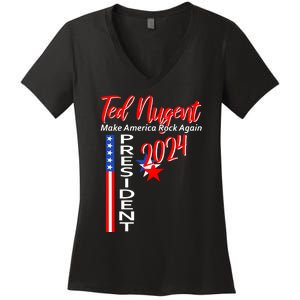 Ted Nugent For President 2024 Front & Back Motor City Madman Women's V-Neck T-Shirt