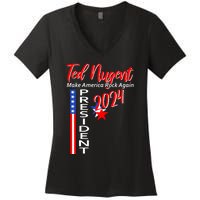 Ted Nugent For President 2024 Front & Back Motor City Madman Women's V-Neck T-Shirt