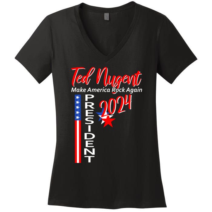 Ted Nugent For President 2024 Front & Back Motor City Madman Women's V-Neck T-Shirt