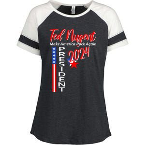 Ted Nugent For President 2024 Front & Back Motor City Madman Enza Ladies Jersey Colorblock Tee