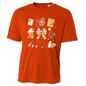 Thankful Nurse Fall Stethoscope Coquette Bow Thanksgiving Gift Cooling Performance Crew T-Shirt