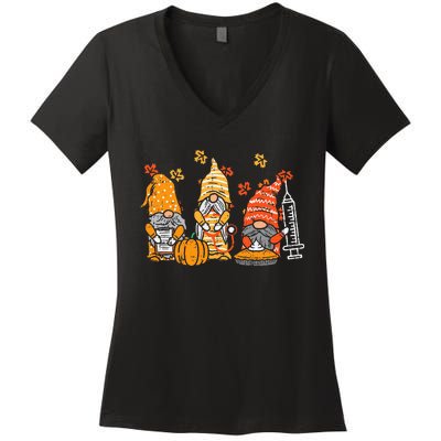 Thanksgiving Nurse Gnomes Fall Scrub Autumn RN Women's V-Neck T-Shirt