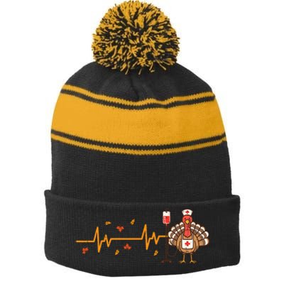 Thanksgiving Nurse Heartbeat Turkey Fall Stripe Pom Pom Beanie