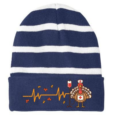 Thanksgiving Nurse Heartbeat Turkey Fall Striped Beanie with Solid Band