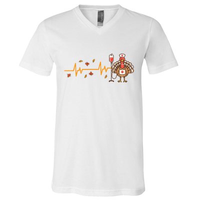 Thanksgiving Nurse Heartbeat Turkey Fall V-Neck T-Shirt