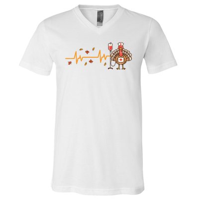 Thanksgiving Nurse Heartbeat Turkey Fall V-Neck T-Shirt