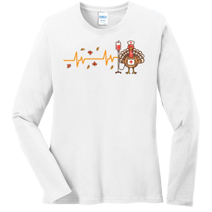 Thanksgiving Nurse Heartbeat Turkey Fall Ladies Long Sleeve Shirt