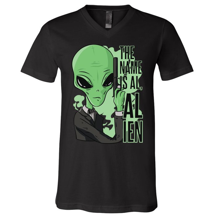 The Name Is Alien Funny Spy Cartoon V-Neck T-Shirt