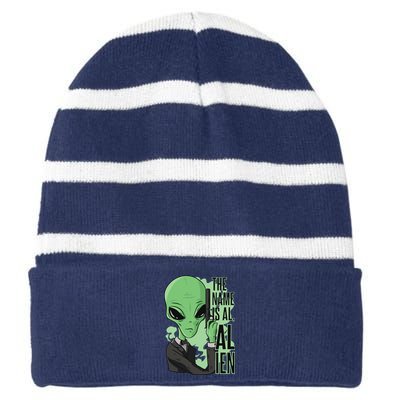 The Name Is Alien Funny Spy Cartoon Striped Beanie with Solid Band