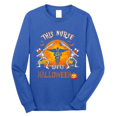 This Nurse Loves Halloween Pumpkin Dabbing Skeleton Funny Gift Long Sleeve Shirt