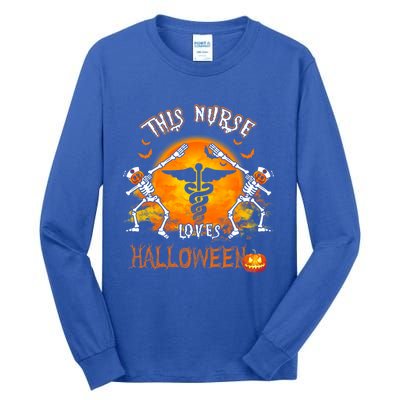 This Nurse Loves Halloween Pumpkin Dabbing Skeleton Funny Gift Tall Long Sleeve T-Shirt