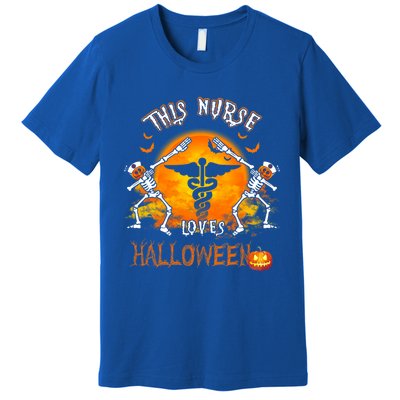 This Nurse Loves Halloween Pumpkin Dabbing Skeleton Funny Gift Premium T-Shirt