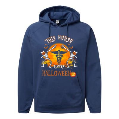 This Nurse Loves Halloween Pumpkin Dabbing Skeleton Funny Gift Performance Fleece Hoodie