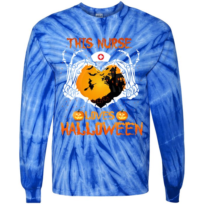 This Nurse Loves Halloween Skeleton Hand Heart Gift Tie-Dye Long Sleeve Shirt