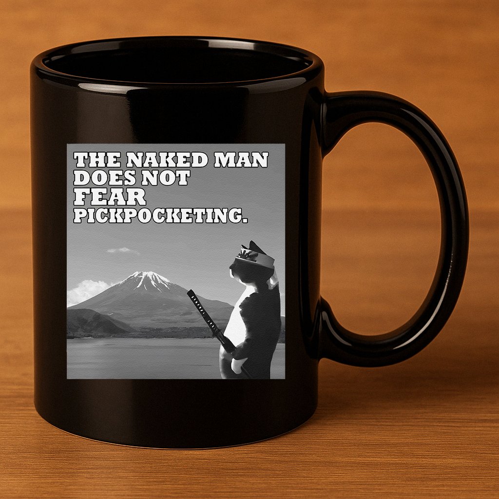The Naked Man Does Not Fear Pickpocketing Samurai Cat Meme 11oz C Handle Ceramic Mug