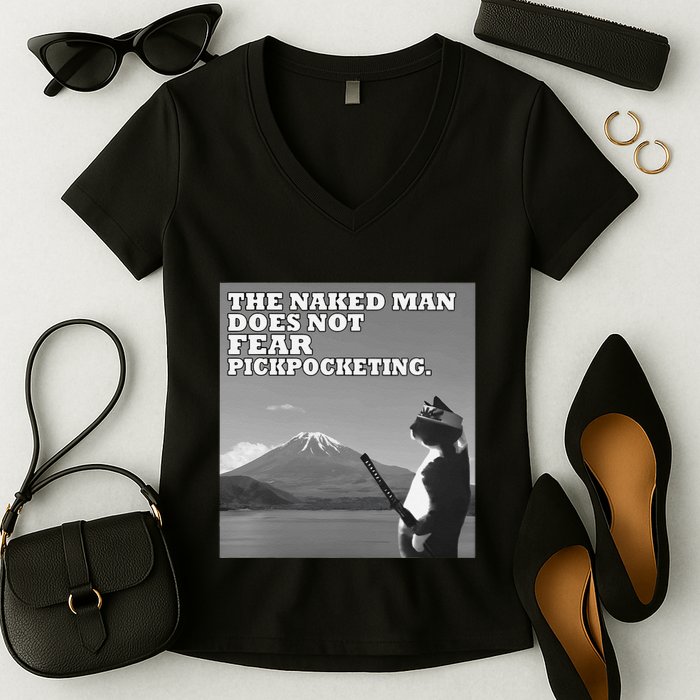 The Naked Man Does Not Fear Pickpocketing Samurai Cat Meme Women's V-Neck T-Shirt
