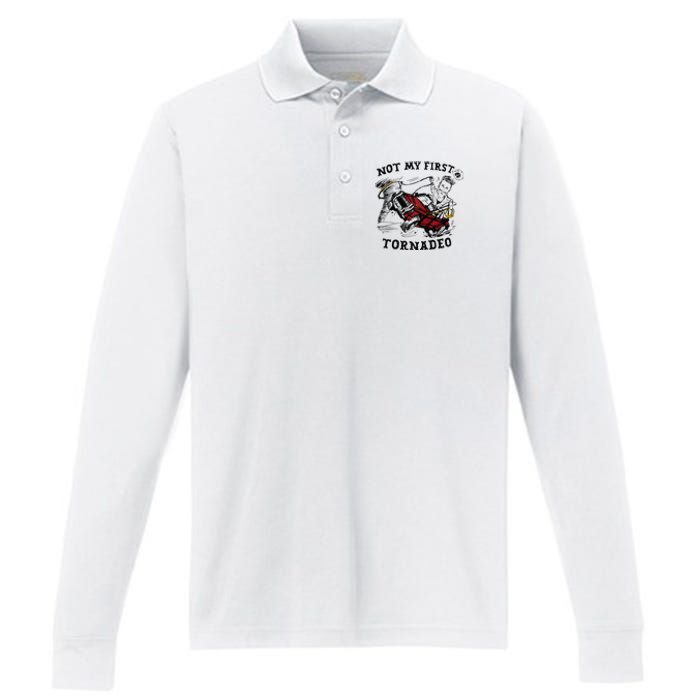 Twisters Not My First Tornadeo Funny Tornado Chaser Cow Raglan Performance Long Sleeve Polo