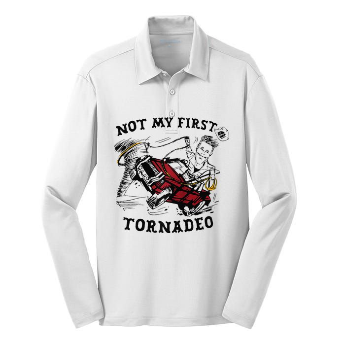 Twisters Not My First Tornadeo Funny Tornado Chaser Cow Raglan Silk Touch Performance Long Sleeve Polo