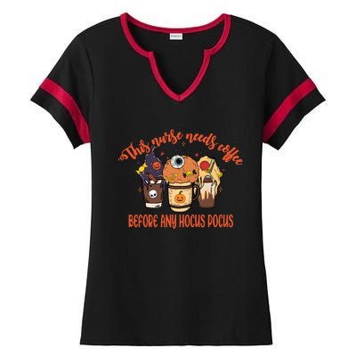 This Nurse Needs Coffee Funny Halloween Graphic Plus Size Ladies Halftime Notch Neck Tee