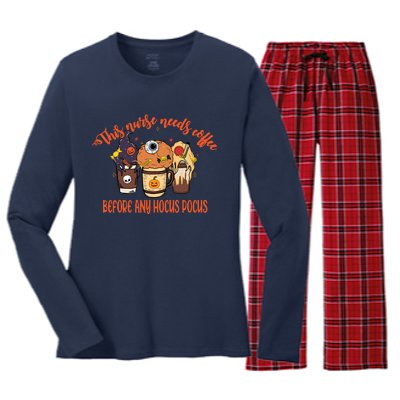 This Nurse Needs Coffee Funny Halloween Graphic Plus Size Women's Long Sleeve Flannel Pajama Set 