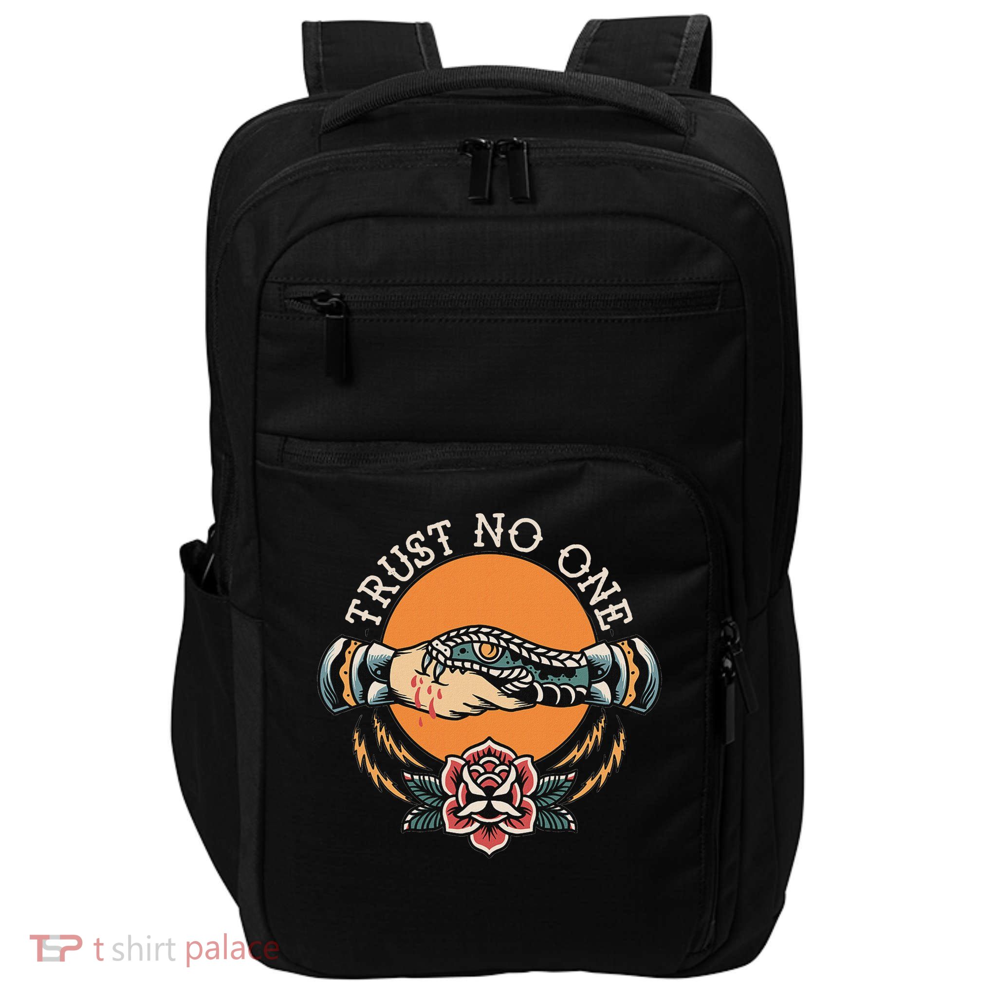 Trust No One Handshake Snake Traditional Tattoo Art Impact Tech Backpack