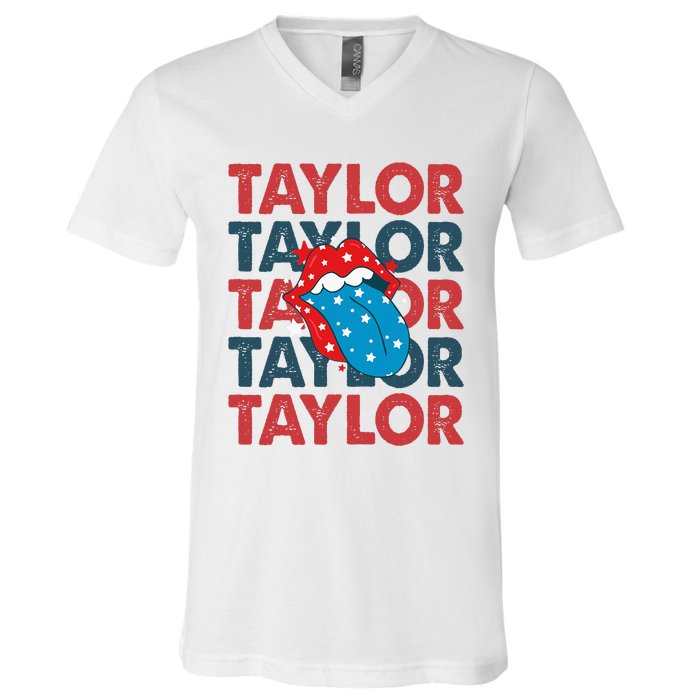 Taylor Name Personalized American 4th Of July Patriotic V-Neck T-Shirt