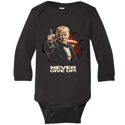 Trump Never Surrender Give Up Graphic Baby Long Sleeve Bodysuit