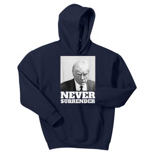 Trump Never Surrender Mug Shot Kids Hoodie