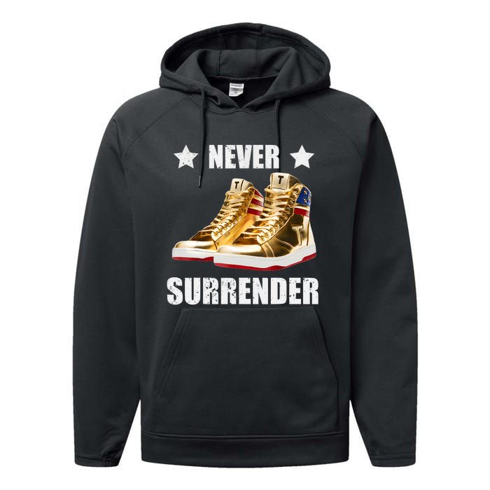 Trump Never Surrender Gold Sneakers Pro Trump 2024 Performance Fleece Hoodie